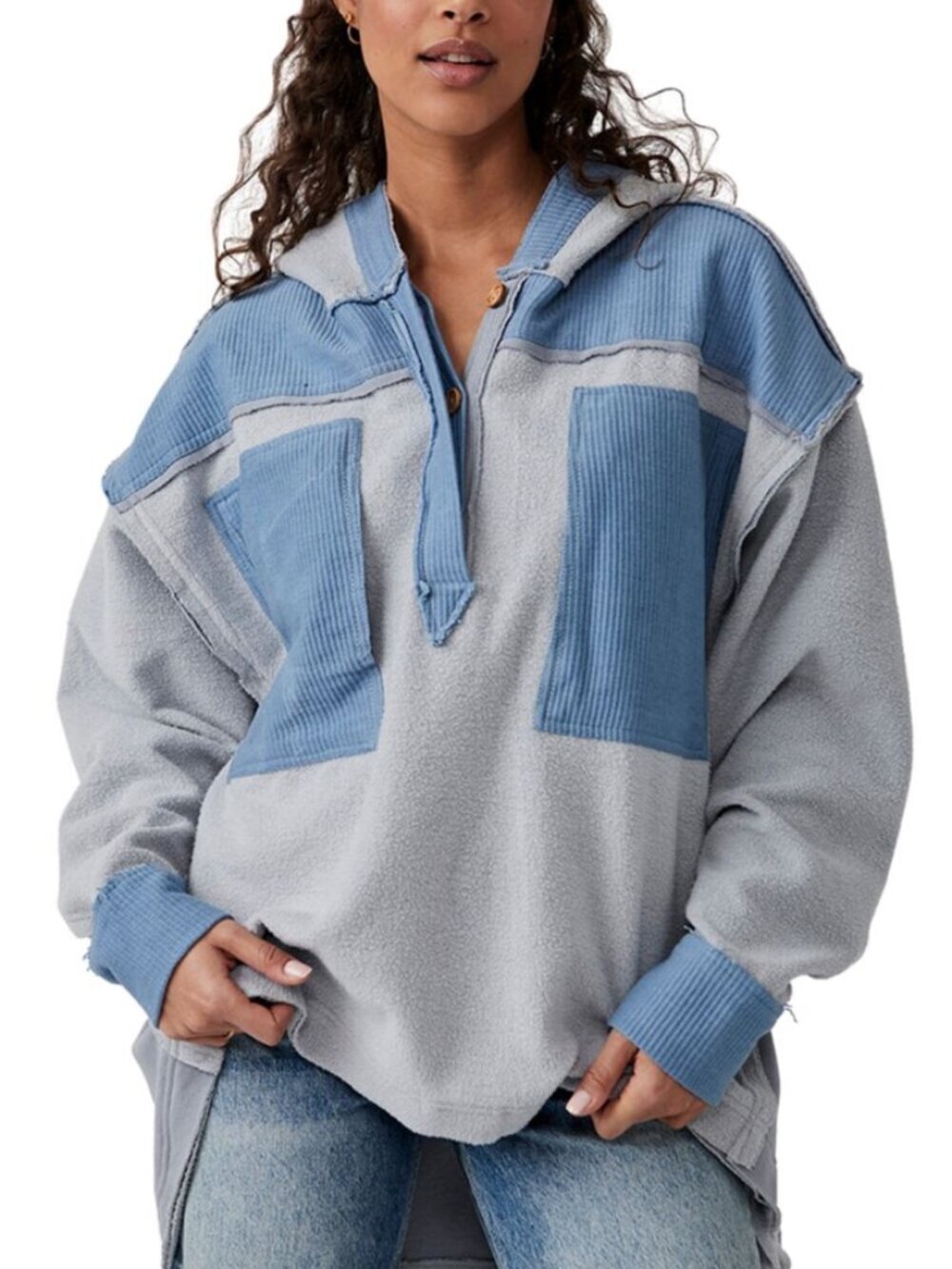 FREE PEOPLE Corrie Sweatshirt Blue Patchwork Oversize Hoodie (Women's Medium)